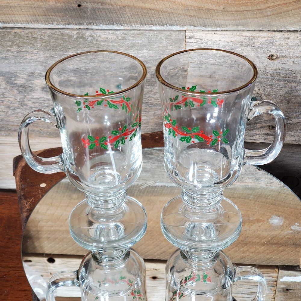 Libbey Irish Coffee Mugs - Green & Red Holly - Red Ribbon - Price for Pair